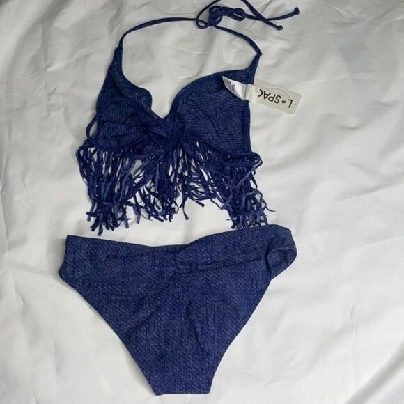 L*Space Womens Size XS Denim Fringe Bikini Set Top & Bottoms - Picture 2 of 11